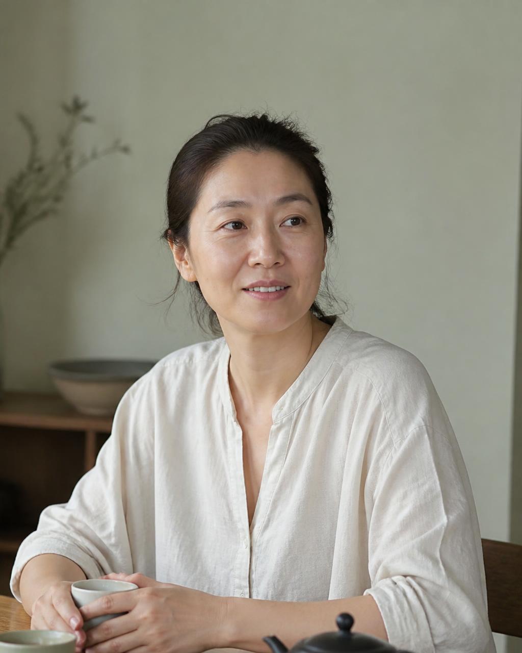 Woman in her forties with healthy, natural-looking skin in soft daylight