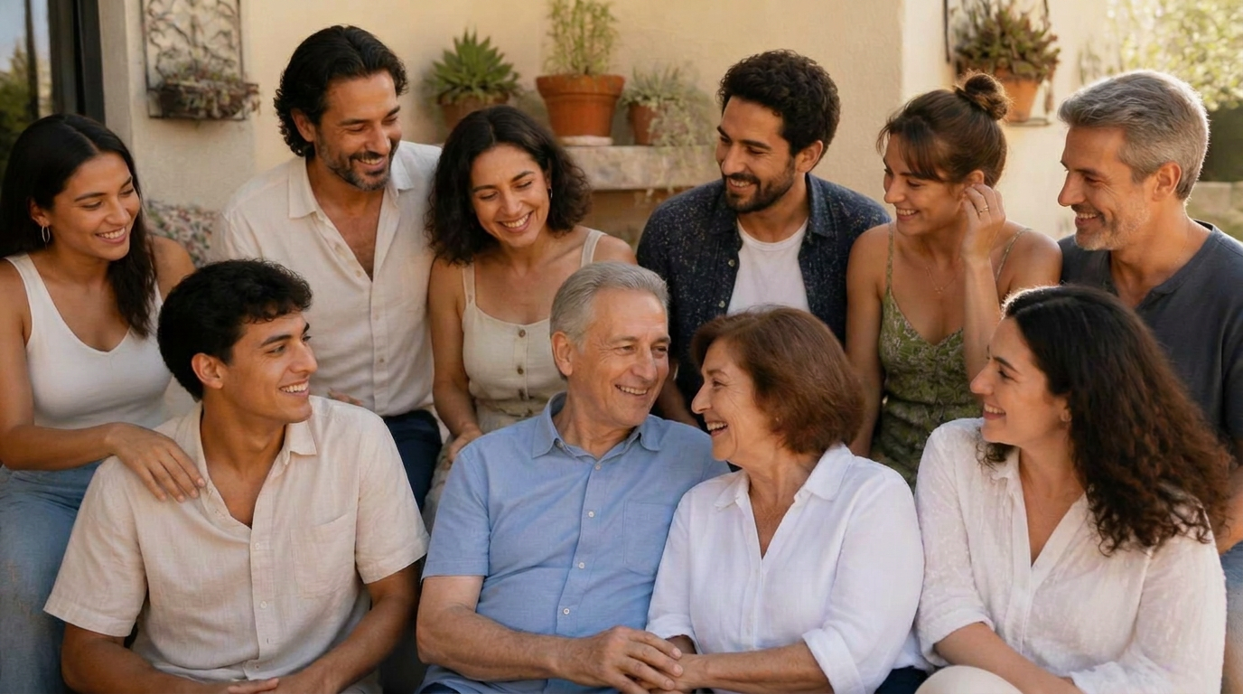 Multigenerational family relaxing together on a sunlit San Diego patio