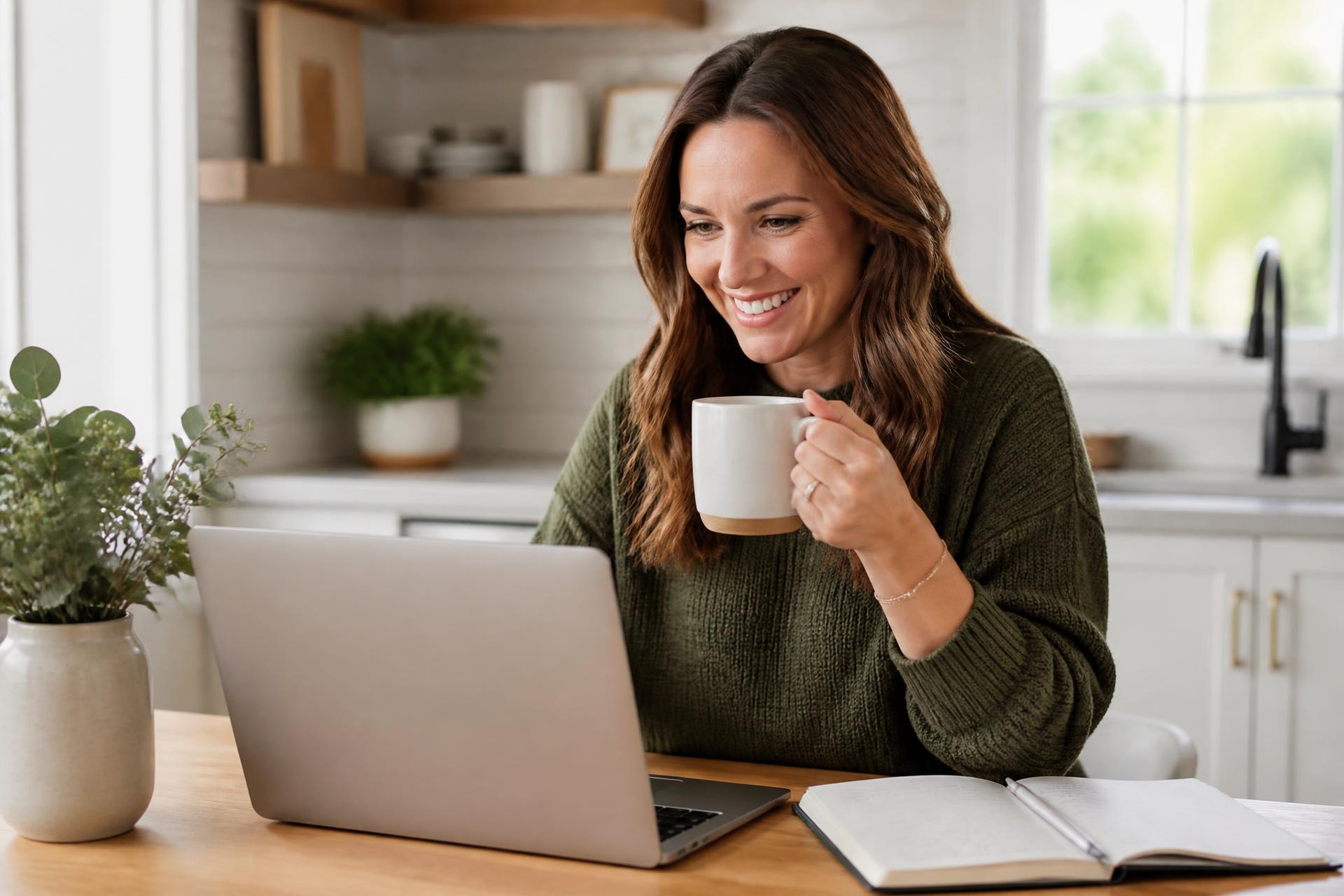 Woman on a video call from a bright kitchen with coffee in hand