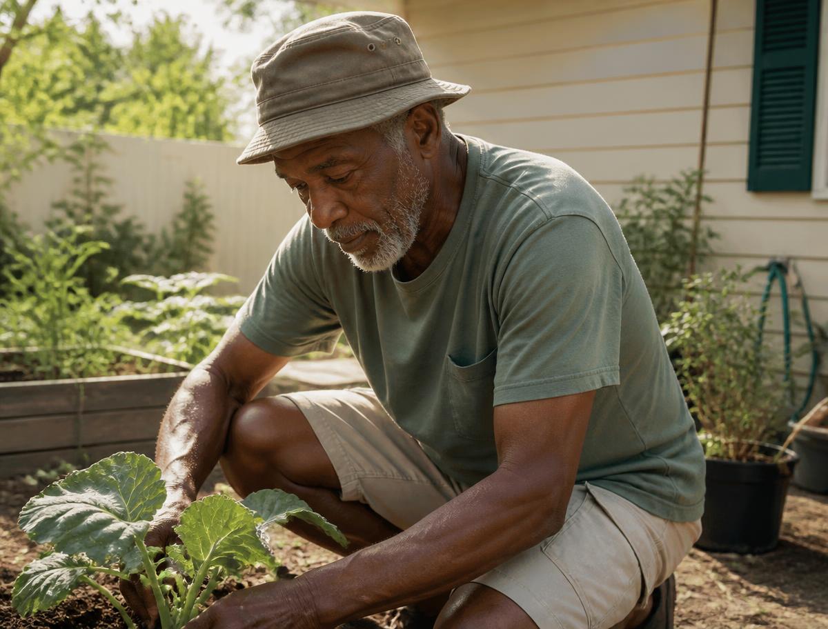 Older man gardening in warm afternoon light