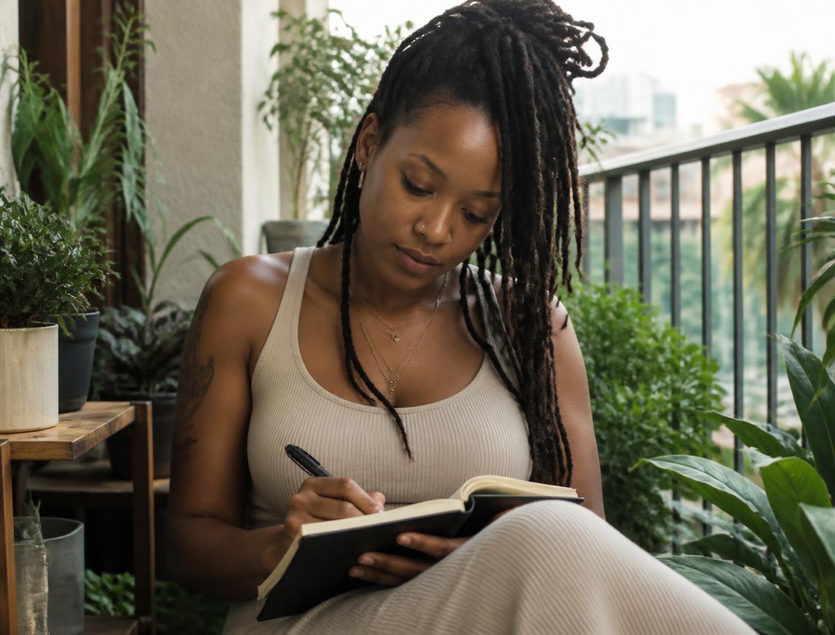 Woman journaling on a plant-filled balcony