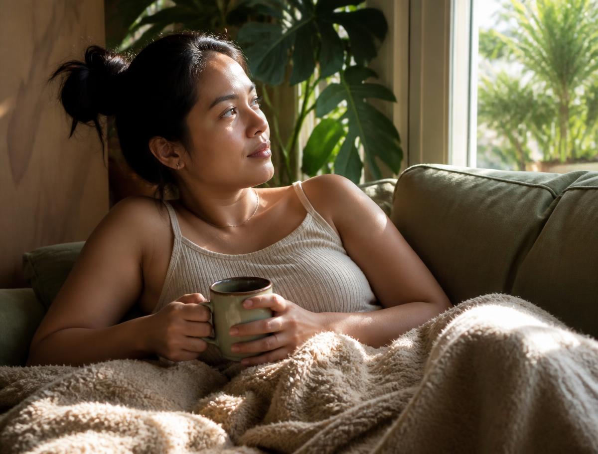 Young woman resting on a couch with tea by a sunny window