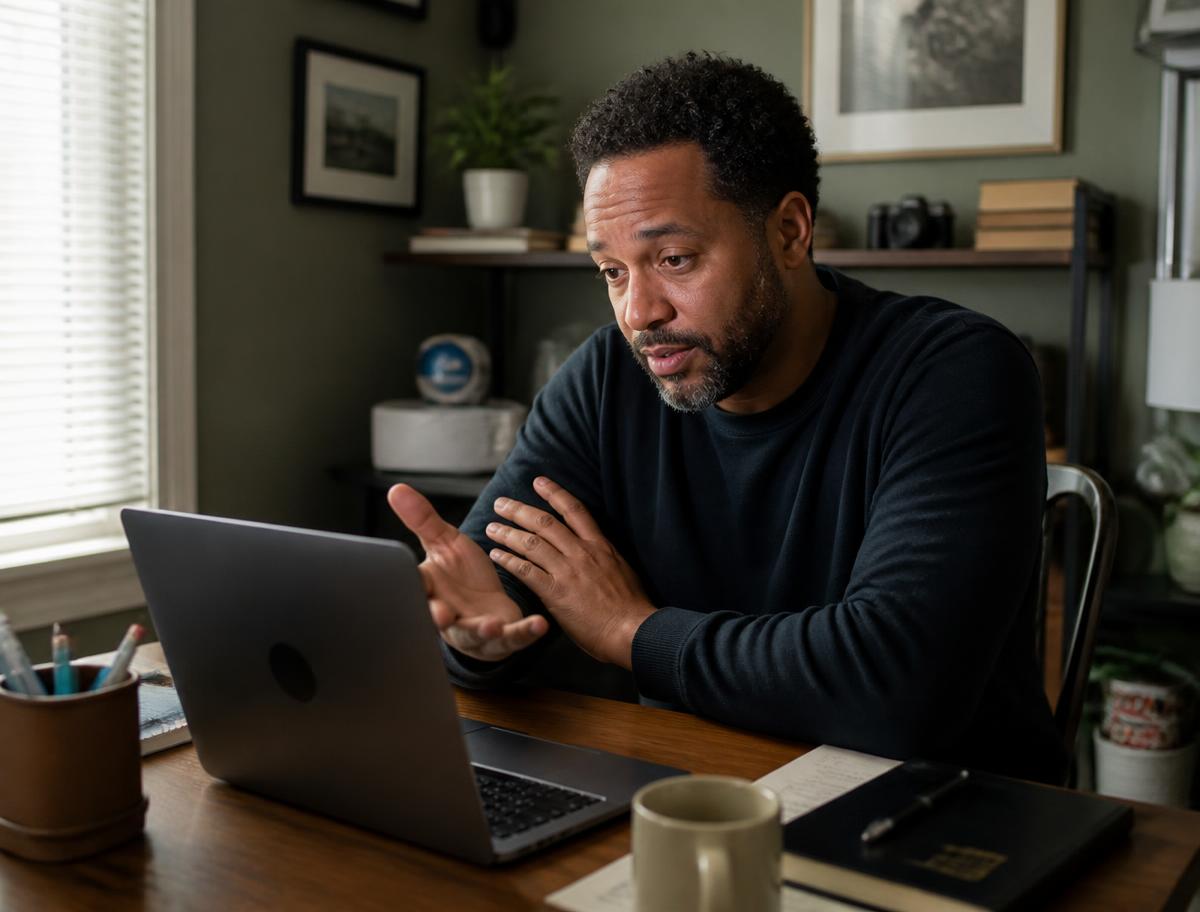 Man at a home desk on a laptop video call