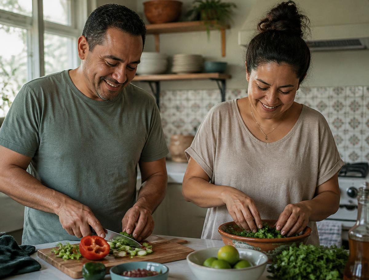 Couple preparing a healthy meal together in a bright kitchen