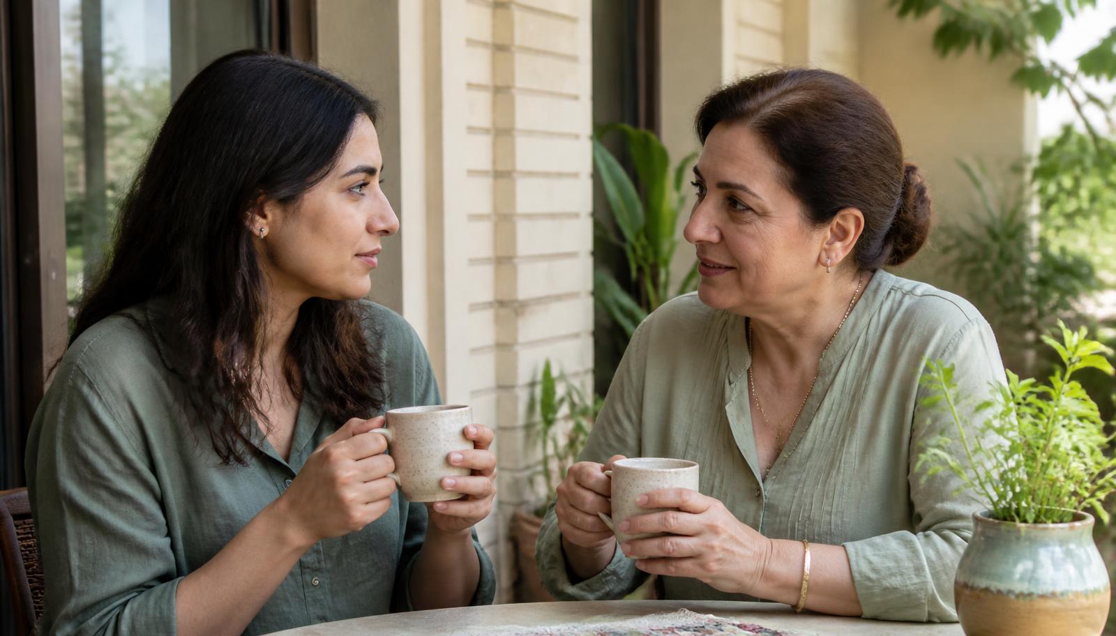 Mother and daughter talking over coffee on a sunny patio